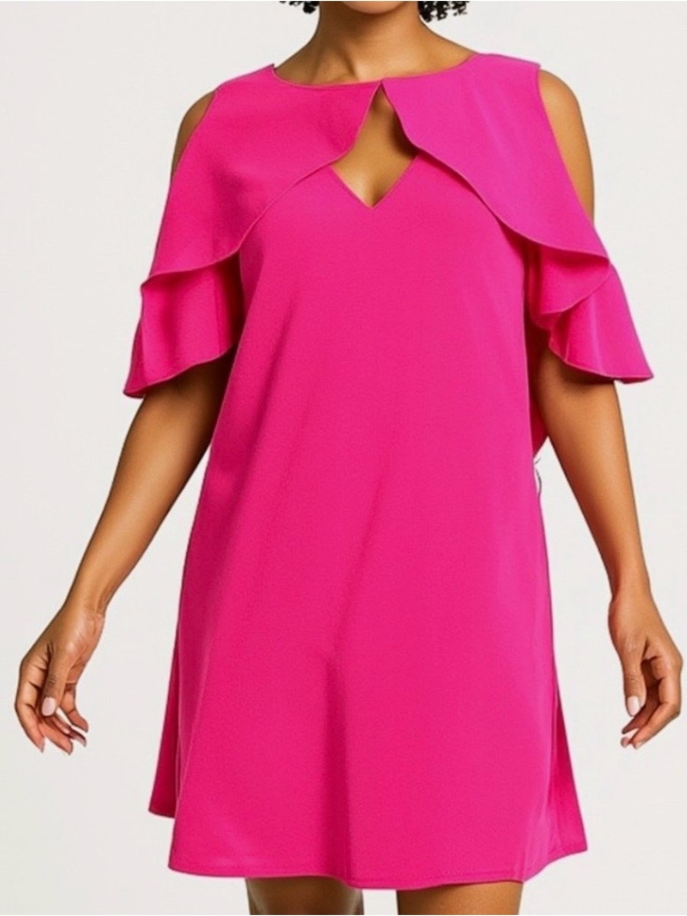 Trina Turk Hot Pink Cold-Shoulder Ruffle Shift Dress